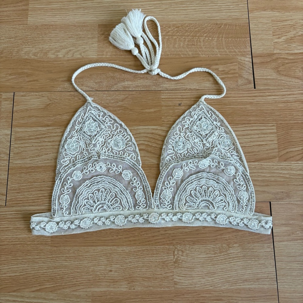 Free People Cream Embroidered Lace Bralette